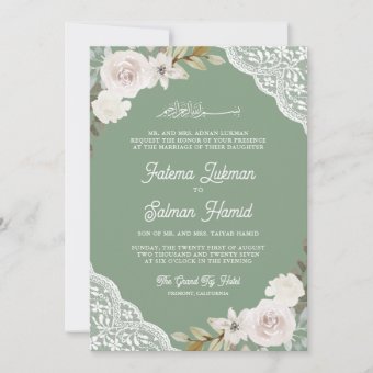 White Roses Islamic Sage Green White Roses Lace Islamic Muslim Wedding Invitation | Zazzle