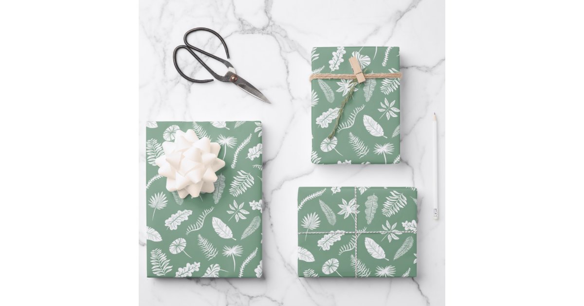Ivory Ecru Leaves Floral Art Pattern On Sage Green Wrapping Paper