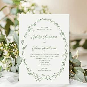 Sage Green White Rustic Wildflower Wreath Wedding Invitation