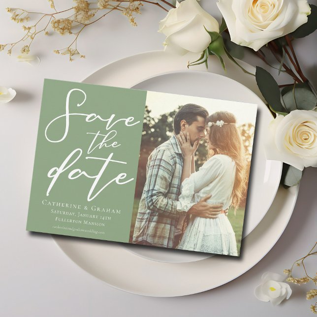 Sage Green White Script Couple Photo Save The Date (Creator Uploaded)