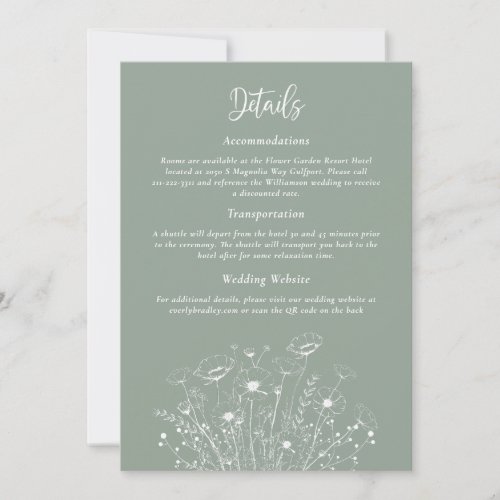 Sage Green White Script Floral Detail Enclosure Invitation