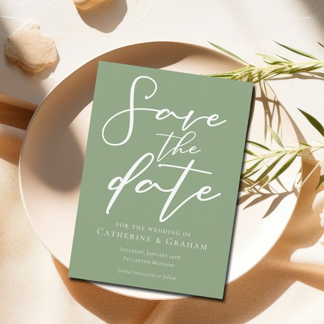 Sage Green White Script Minimalist Save the Date (Creator Uploaded)