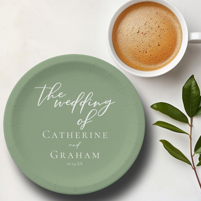 Sage Green White Script Personalized Wedding Paper Plates (Creator Uploaded)