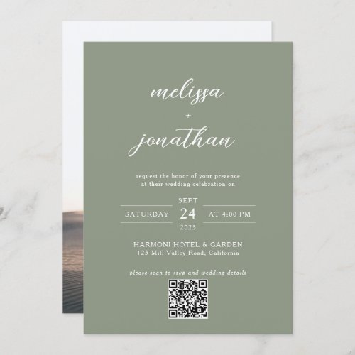 Sage Green  White Script Photo QR Code Wedding Invitation