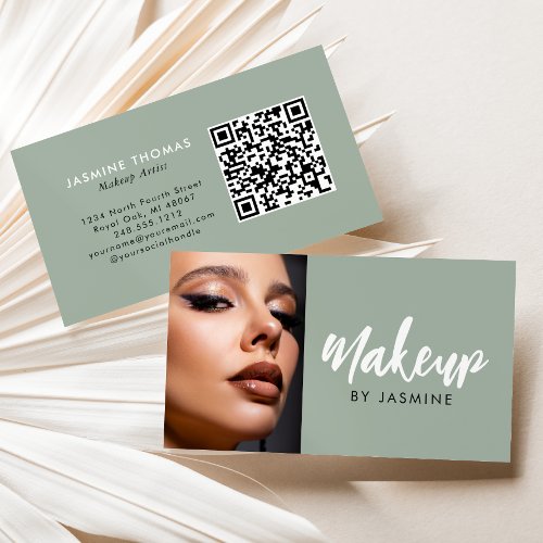 Sage Green White Script QR Code Photo Makeup Business Card