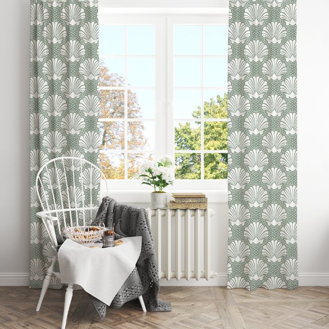 Sage Green & White Seashell Coastal Blackout Curtains (Creator Uploaded)