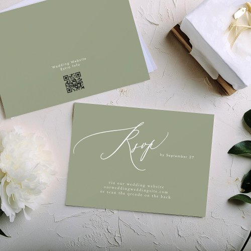 Sage Green White Simple QR Code Wedding Website RSVP Card