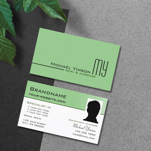 Sage Green White Simple with Monogram and Photo Business Card