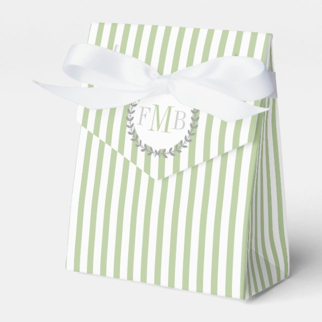 Sage green, white stripes monogram wedding favor boxes (Front Side)
