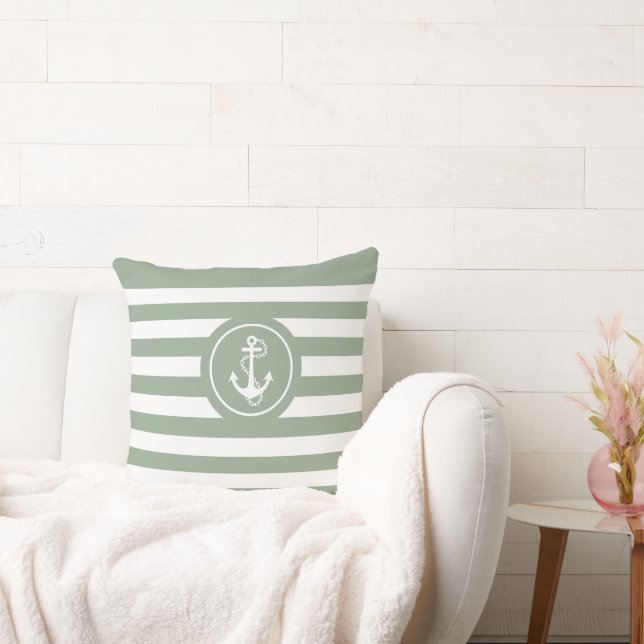 Sage-Green & White Stripes Nautical Anchor Throw Pillow (Couch)