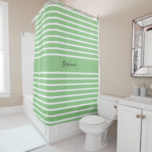 Sage Green White Stripes Pattern Custom Name Decor Shower Curtain