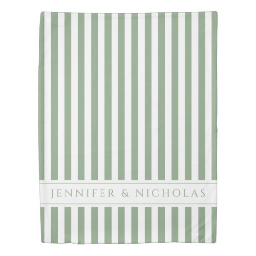 Sage Green  White Stripes Pattern Name Print Duvet Cover