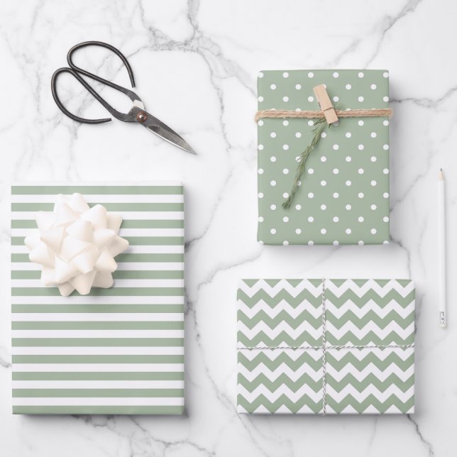 Sage Green &  White Stripes Polka Dot Chevron Wrapping Paper Sheets (Front)