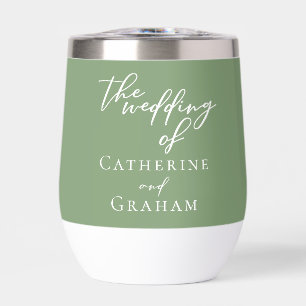 Sage Green White Typography Custom Wedding Thermal Wine Tumbler