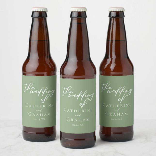 Sage Green White Typography Minimalist Wedding Beer Bottle Label (Bottles)