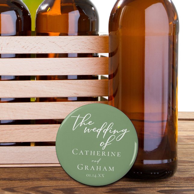 Sage Green White Typography Minimalist Wedding Bottle Opener (Creator Uploaded)