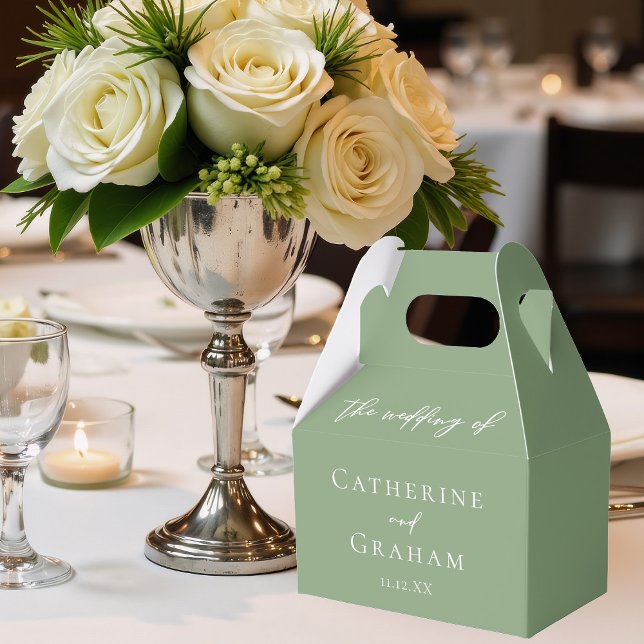 Sage Green White Typography Minimalist Wedding Favor Boxes (Creator Uploaded)