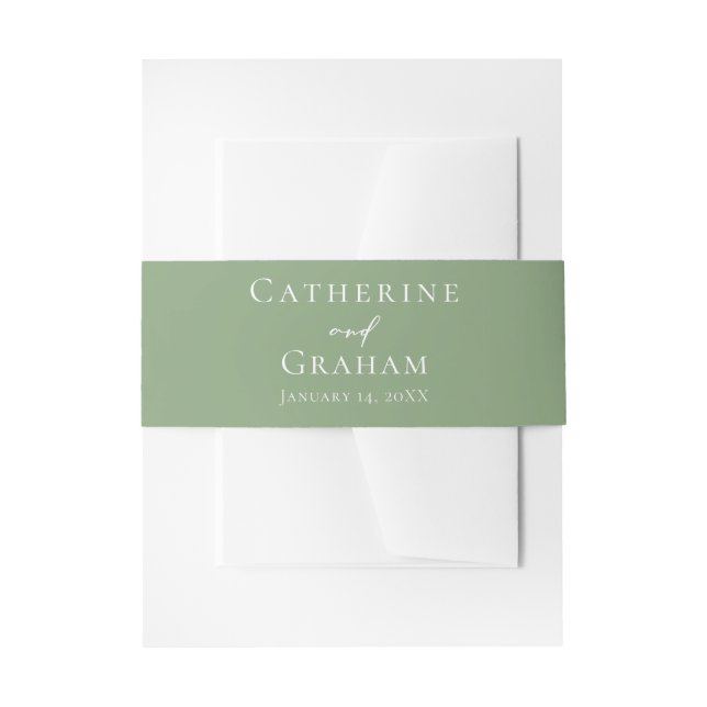 Sage Green White Typography Minimalist Wedding Invitation Belly Band (Front Example)