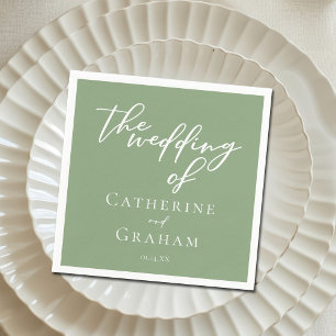 Sage Green White Typography Minimalist Wedding Napkins