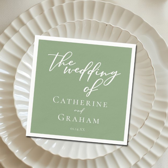 Sage Green White Typography Minimalist Wedding Napkins (Creator Uploaded)