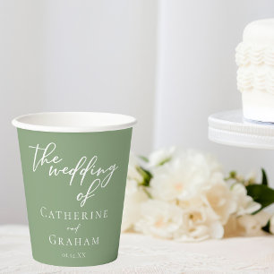 Sage Green White Typography Minimalist Wedding Paper Cups