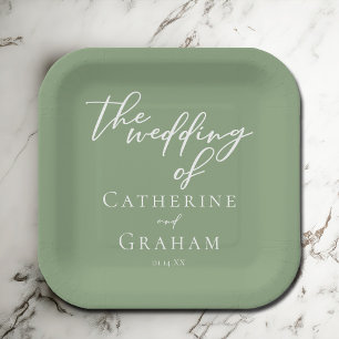 Sage Green White Typography Minimalist Wedding Paper Plates