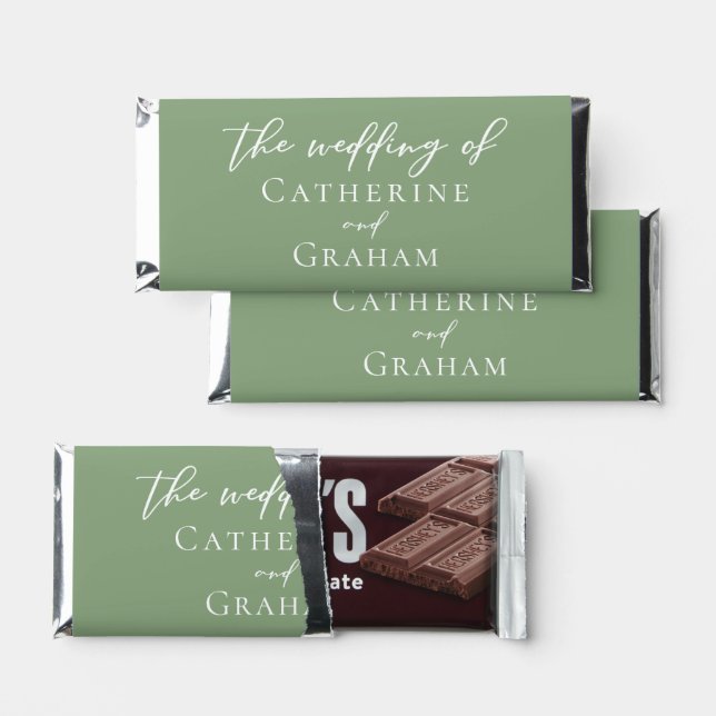 Sage Green White Typography Personalized Wedding Hershey Bar Favors (Front)