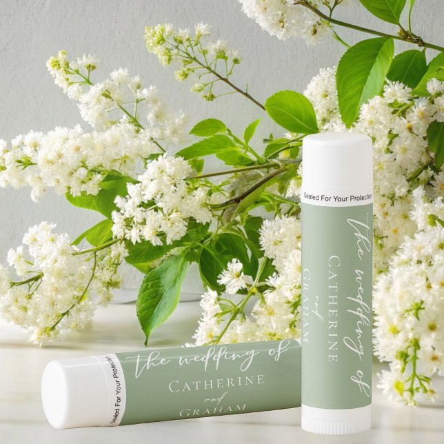 Sage Green White Typography Personalized Wedding Lip Balm (Creator Uploaded)