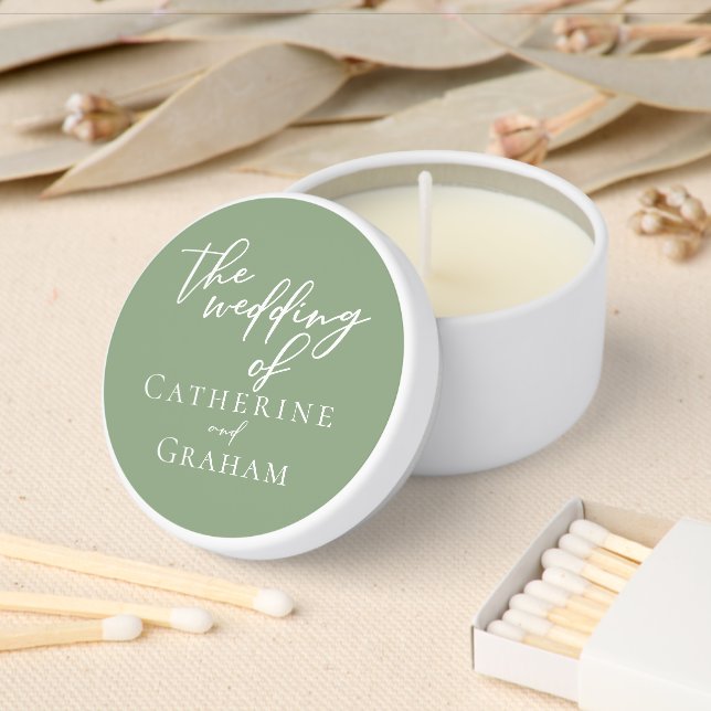 Sage Green White Typography Personalized Wedding Mini Candle Favors (Insitu)