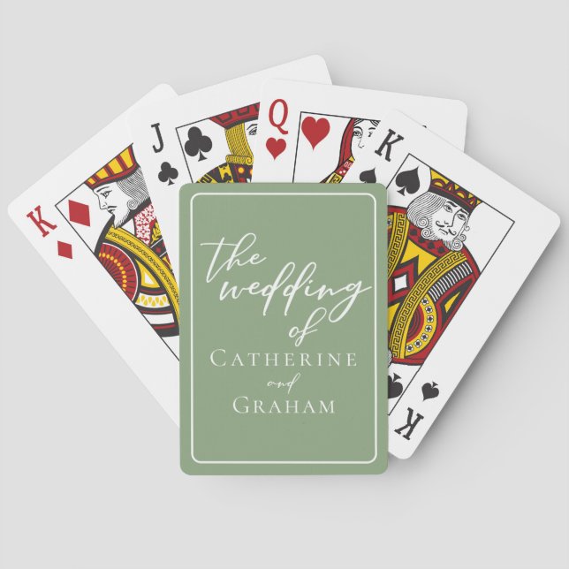 Sage Green White Typography Personalized Wedding Poker Cards (Back)