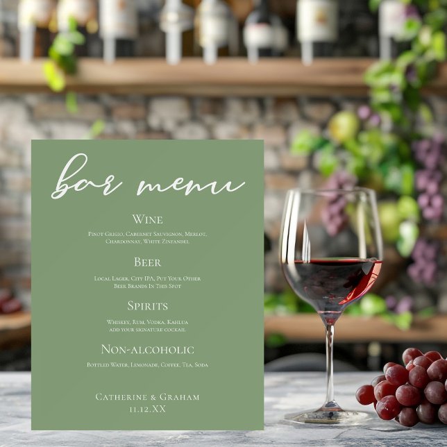 Sage Green White Typography Wedding Bar Menu Foam Board (Creator Uploaded)