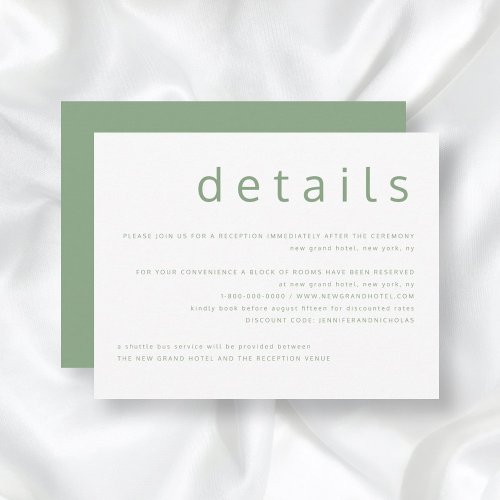 Sage Green White Typography Wedding Details  Enclosure Card