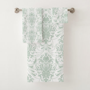 Sage Green White Vintage Damask Pattern Bath Towel Set