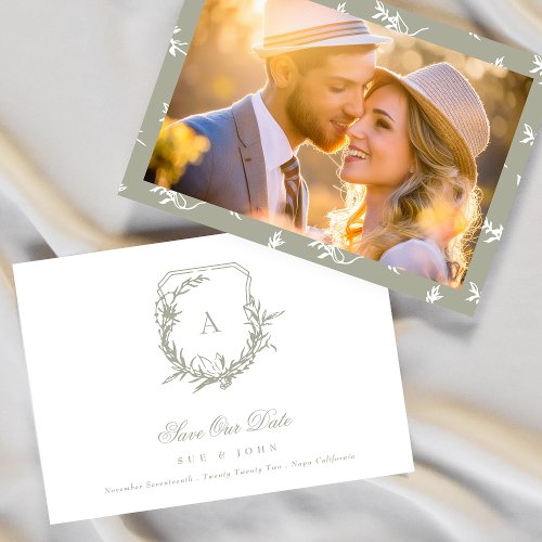 Sage Green White vintage monogram crest Save The Date