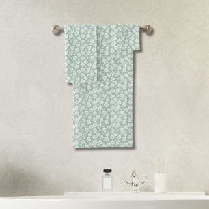 Sage Green White Watercolor Floral Flowers  Bath Towel Set