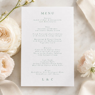 Sage Green White Wedding Letterpress Menu Cards