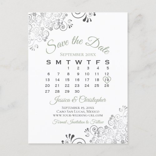 Sage Green  White Wedding Save the Date Calendar Announcement Postcard