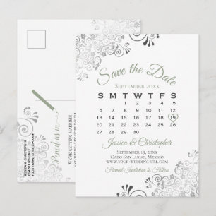 Sage Green & White Wedding Save the Date Calendar Announcement Postcard
