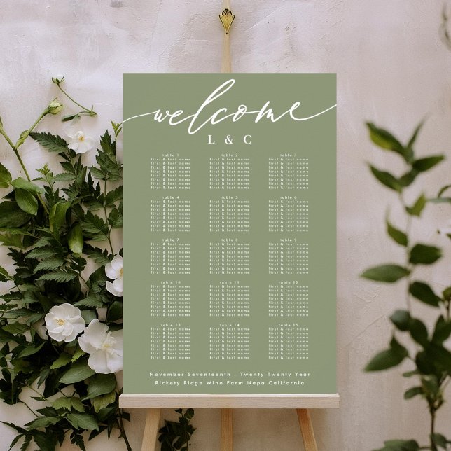 Sage Green White Wedding Welcome Seating Chart (Creator Uploaded)
