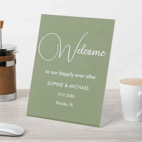 Sage Green White Welcome Wedding    Pedestal Sign