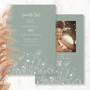 Sage Green White Wildflower Save the Date Wedding  Invitation