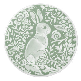 Sage Green White Woodland Animal Rabbit Pattern  Ceramic Knob