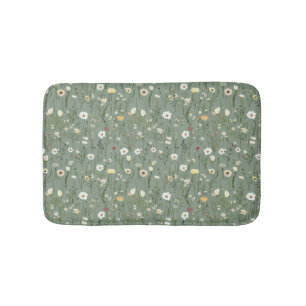 Sage Green White Yellow Wildflowers Boho Trendy Bath Mat