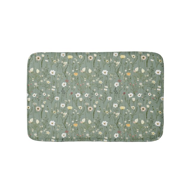 Sage Green White Yellow Wildflowers Boho Trendy Bath Mat (Front)