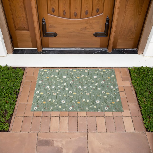 Sage Green White Yellow Wildflowers Boho Trendy Doormat (Outdoor)