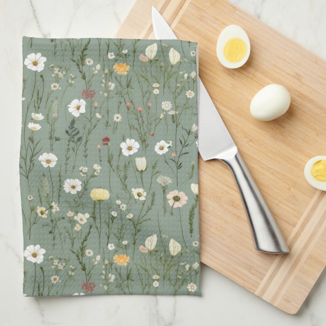 Sage Green White Yellow Wildflowers Boho Trendy Kitchen Towel (Quarter Fold)