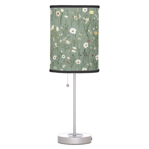 Sage Green White Yellow Wildflowers Boho Trendy Table Lamp