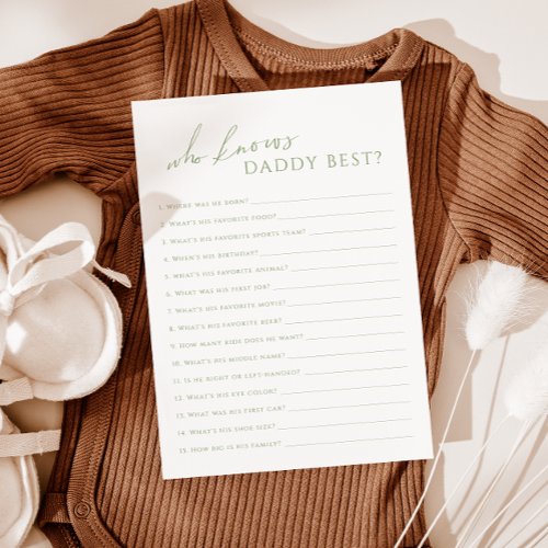 Sage Green Who Knows Daddy Baby Shower Game Card