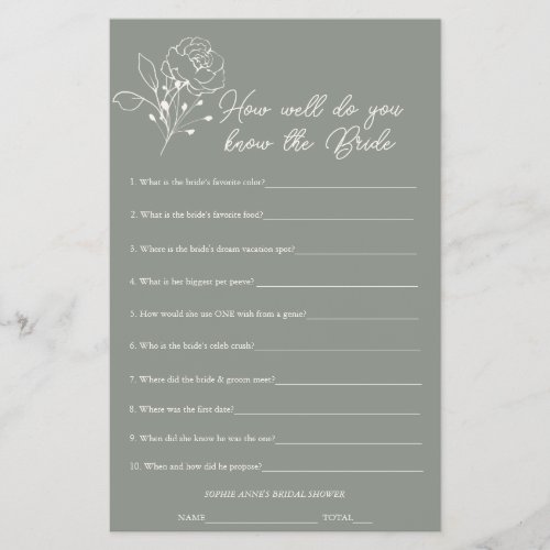 Sage Green Who Knows The Bride Bridal Shower Game