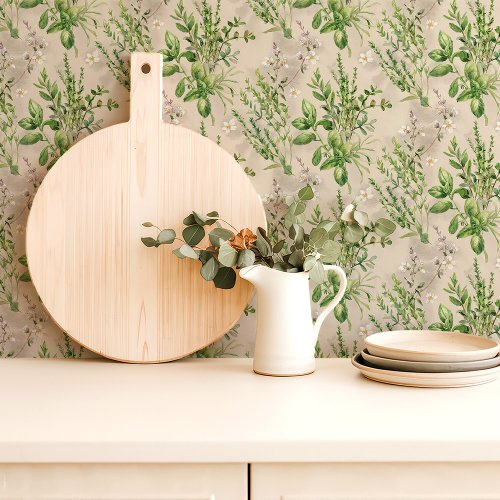 Sage Green Wild Herbs Kitchen Wallpaper